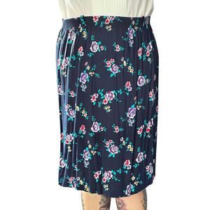 Vintage 80s Dark Blue Navy Floral Plus Sized Skirt Size 22